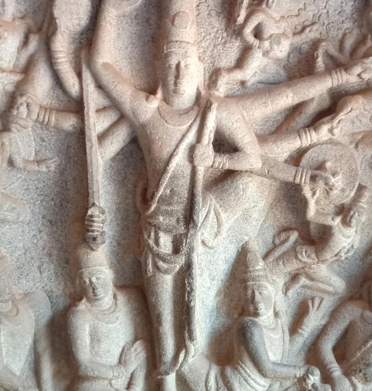 A mid-7th century stone relief depicting Vishnu as Trivikrama, the three-strider, in the Varaha cave at Mamallapuram.